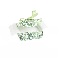 Matt card universal box with Green leaves pattern and light green satin ribbon